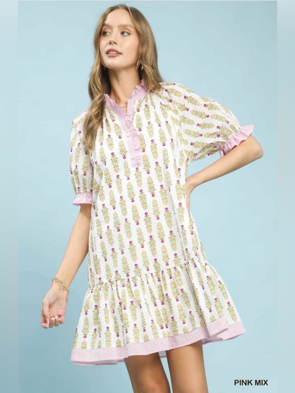 Umgee Striped Trim Floral Tiered Mini Dress🛍️